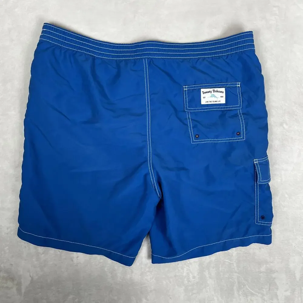 Tommy Bahama Swim Trunks Mens XL Blue Solid Cargo Mesh Lined Drawstring Pockets